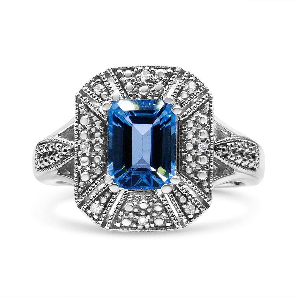 Haus of Brilliance Sterling Silver Diamond and Blue Topaz Ring Sz 8